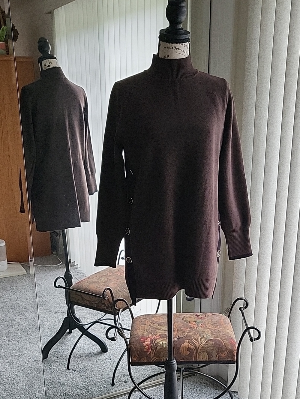 NWT Chico's Button-Side Mock Neck Tunic Sweater - Brown